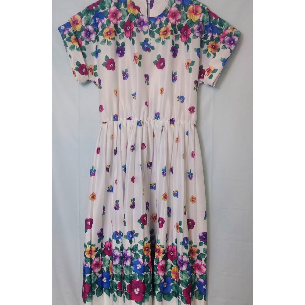 Anthony Richards Floral Midi Dress Women 8 White ShortSleeve Gathered Waist read